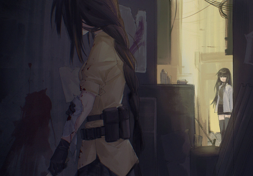 2girls black_gloves bleeding blood blood_splatter braid brown_hair commentary_request from_side girls'_frontline gloves highres holding holding_knife indoors injury knife long_hair looking_at_another m16a1_(girls'_frontline) m4a1_(girls'_frontline) multiple_girls shirt single_braid taiyang_ami upper_body yellow_shirt