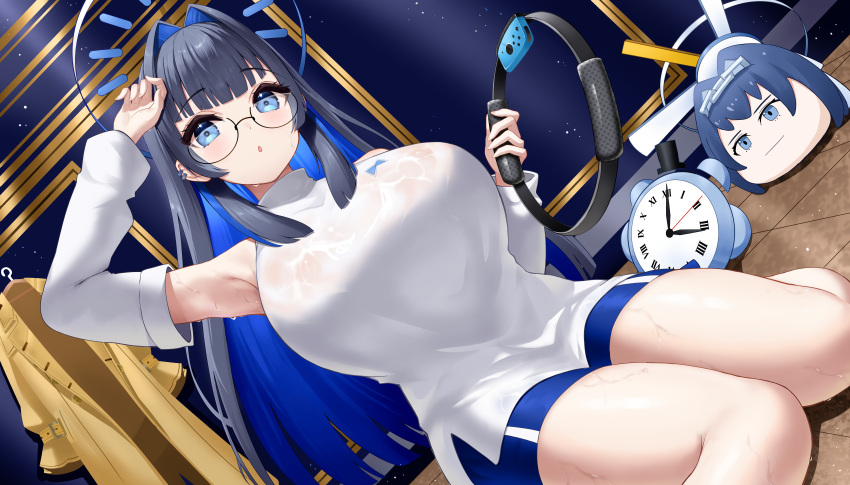 1girl :o absurdres bangs bare_legs bare_shoulders black_hair blue_eyes blue_hair blunt_bangs clock coat coat_removed colored_inner_hair detached_sleeves dutch_angle earrings glasses hair_intakes halo highres hololive hololive_english indoors jewelry long_hair looking_at_viewer mechanical_halo multicolored_hair nintendo_switch official_alternate_costume official_alternate_hairstyle ouro_kronii ring-con roina_(effj7473) see-through short_shorts shorts sitting sweat sweater turtleneck turtleneck_sweater virtual_youtuber wariza white_sweater yukkronii_(ouro_kronii)