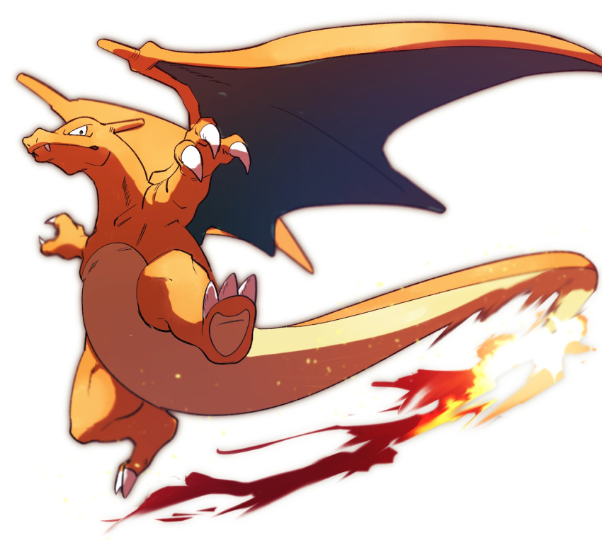 blurry charizard claws closed_mouth fangs fangs_out flame-tipped_tail full_body highres looking_at_viewer morio_(poke_orio) no_humans pokemon pokemon_(creature) simple_background solo white_background