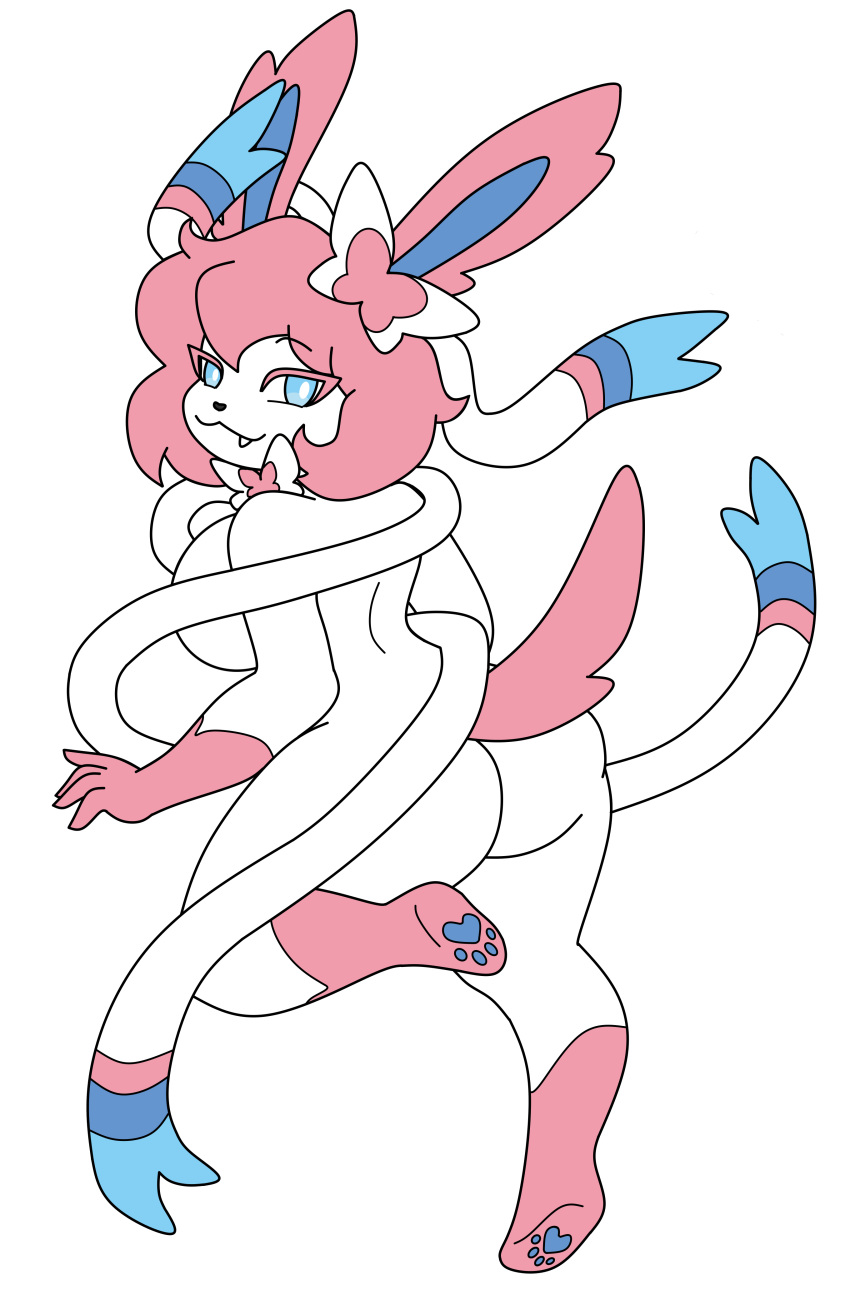 absurd_res big_breasts big_butt breasts butt eeveelution female generation_6_pokemon hair hi_res humanoid looking_at_viewer looking_back nintendo pawpads pink_hair pokemon pokemon_(species) silvershield88 solo sylveon wide_hips