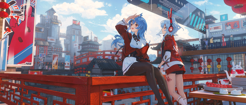 2girls :d absurdres animal_ear_headphones animal_ears architecture bangs bili_girl_22 bili_girl_33 bilibili billboard black_pantyhose black_ribbon black_shorts blue_hair blue_sky bridge building cityscape cloud commentary_request cup day east_asian_architecture fake_animal_ears feet_out_of_frame hand_up headphones highres jacket lantern light_blue_hair long_hair looking_afar medium_hair multiple_girls neck_ribbon open_mouth outdoors pantyhose paper_lantern partially_unbuttoned people rabbit_ear_headphones railing red_eyes red_headphones red_jacket ribbon scenery shirt shorts sitting skirt sky skyscraper sleeves_past_elbows smile socks storefront tea_set teacup teapot toto_(caaaaarrot) white_shirt white_skirt white_socks