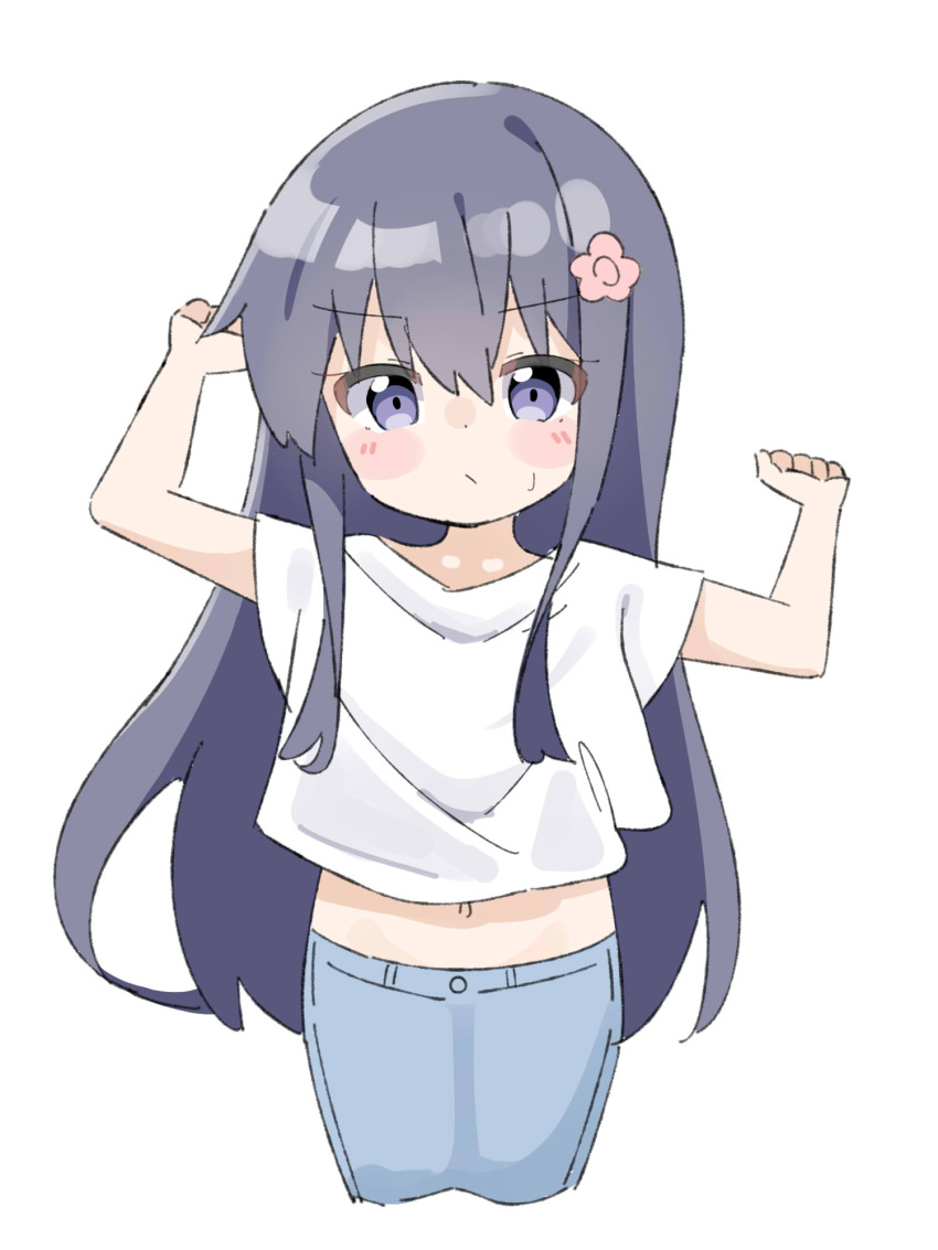 1girl arm_up bangs black_hair blue_skirt blush_stickers commentary_request crop_top cropped_legs hair_between_eyes hand_up highres kapuru_0410 long_hair midriff_peek navel purple_eyes shirosaki_hana shirt short_sleeves simple_background skirt solo sweat very_long_hair watashi_ni_tenshi_ga_maiorita! white_background white_shirt