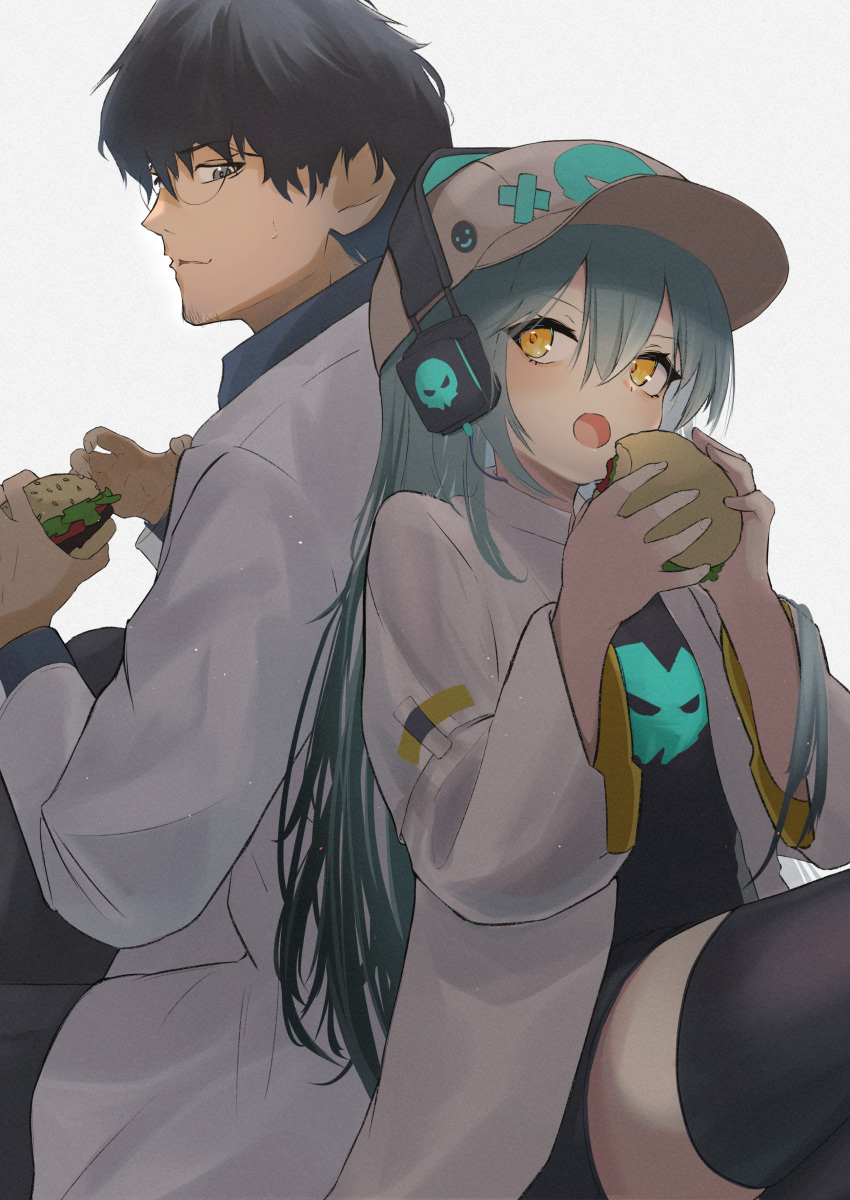 1boy 1girl absurdres antonina_(girls'_frontline_nc) aqua_hair baseball_cap black_dress black_hair black_thighhighs blush burger commentary_request dress eating facial_hair food girls'_frontline girls'_frontline_neural_cloud glasses grey_eyes hair_between_eyes hat headphones highres holding holding_food labcoat long_hair looking_back male_professor_(girls'_frontline_nc) open_mouth professor_(girls'_frontline_nc) ryunosuke_nikaido short_hair skull_print smile sweatdrop thighhighs yellow_eyes zettai_ryouiki