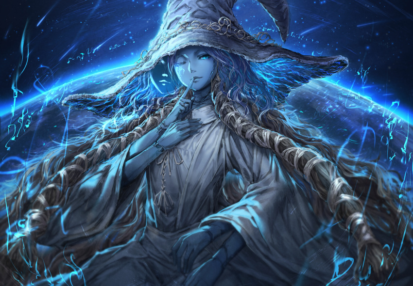 1girl blue_eyes blue_hair blue_skin cloak colored_skin commentary_request cracked_skin doll_joints dress elden_ring extra_arms extra_faces finger_to_mouth fur_cloak hat highres joints long_sleeves looking_at_viewer michairu one_eye_closed ranni_the_witch short_hair solo white_dress white_headwear witch_hat