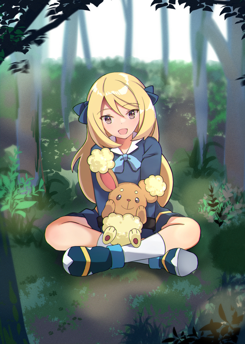 1girl :d aged_down bangs black_dress black_footwear blonde_hair blue_ribbon buneary commentary_request cynthia_(pokemon) day dress forest grass hair_ribbon highres long_hair long_sleeves looking_at_viewer nature neck_ribbon on_lap open_mouth outdoors pokemon pokemon_(anime) pokemon_(creature) pokemon_journeys pokemon_on_lap ribbon shoes sitting smile socks sylux white_socks