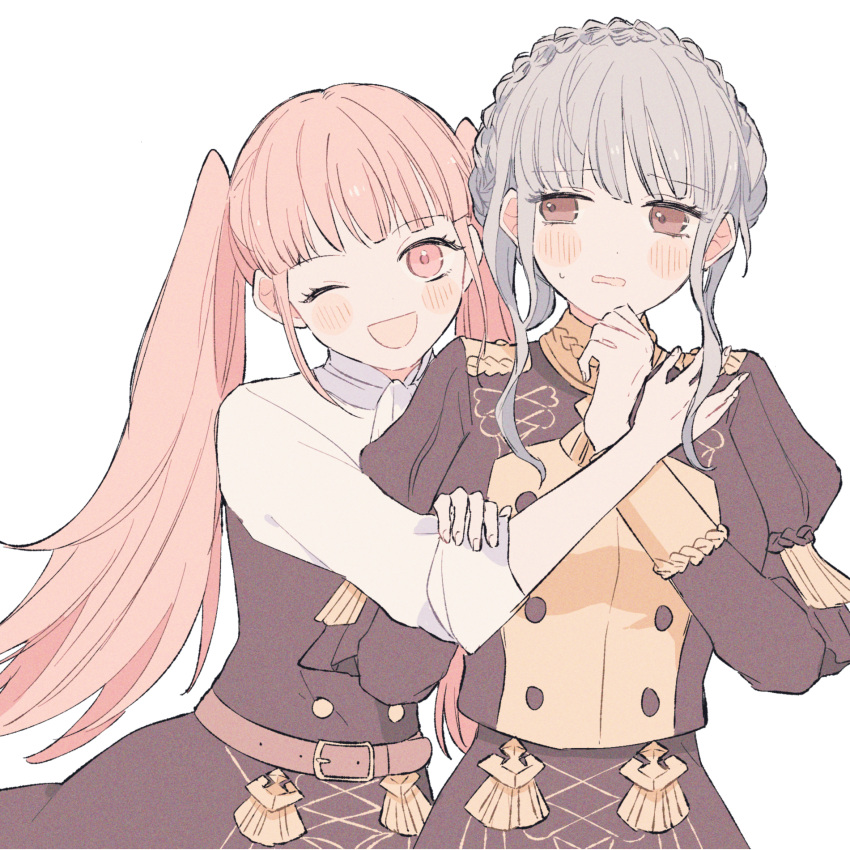 2girls ;d bangs belt black_dress black_shirt blue_hair blunt_bangs blush braid brown_belt brown_eyes collared_shirt commentary_request cowboy_shot dress fire_emblem fire_emblem:_three_houses grin hand_on_another's_arm hand_on_own_chin highres hilda_valentine_goneril hug long_hair looking_at_another looking_at_viewer marianne_von_edmund medium_hair multicolored_clothes multiple_girls one_eye_closed open_mouth pink_eyes pink_hair ririco_(gnsn) shirt sidelocks simple_background smile sweatdrop twintails white_background white_shirt