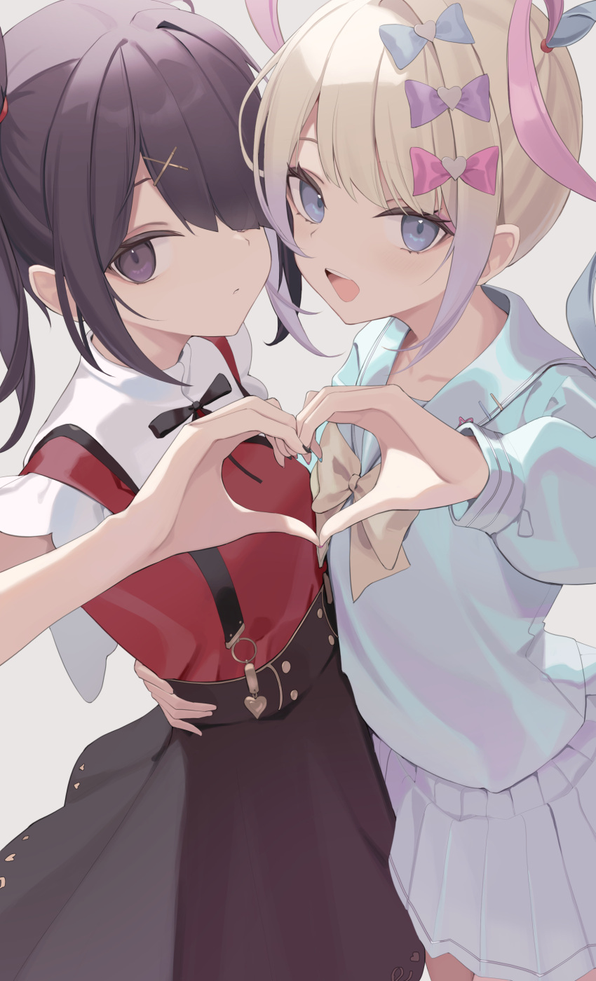 2girls :d absurdres ame-chan_(needy_girl_overdose) black_hair blonde_hair blue_bow blue_eyes blue_skirt bow bowtie chouzetsusaikawa_tenshi-chan commentary_request dual_persona hair_bow hair_ornament hair_over_one_eye hand_on_another's_waist heart heart_hands heart_hands_duo highres mizu_(lzzrwi603) multicolored_hair multiple_girls needy_girl_overdose pink_bow pleated_skirt purple_bow purple_eyes school_uniform skirt smile suspender_skirt suspenders twintails x_hair_ornament yellow_bow yellow_bowtie