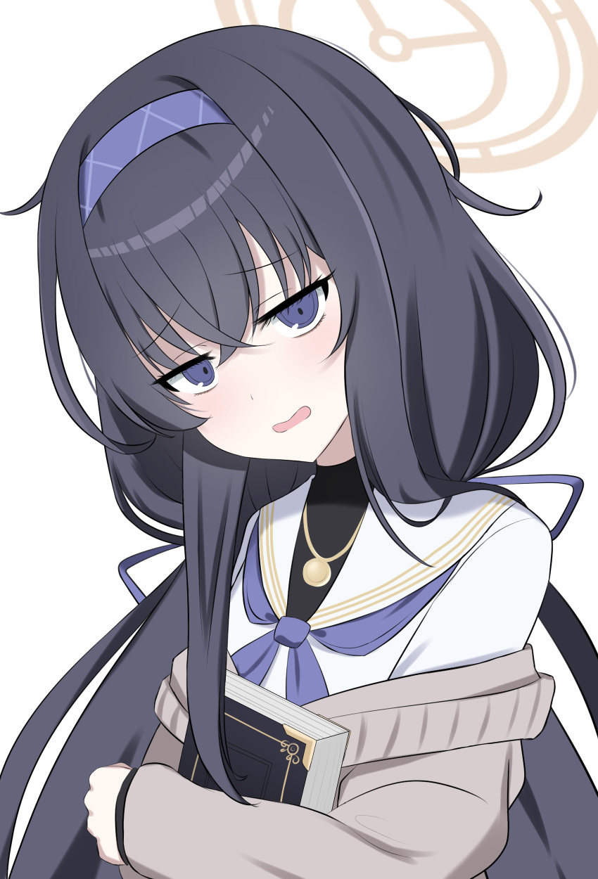 1girl absurdres bags_under_eyes bangs black_hair blue_archive blue_eyes blue_hairband blue_neckerchief book d: furrowed_brow hair_between_eyes hairband halo highres jewelry jitome long_hair long_sleeves looking_at_viewer low_twintails neckerchief off_shoulder sailor_collar school_uniform serafuku simple_background solo twintails ui_(blue_archive) wavy_mouth white_background white_serafuku xgarasux