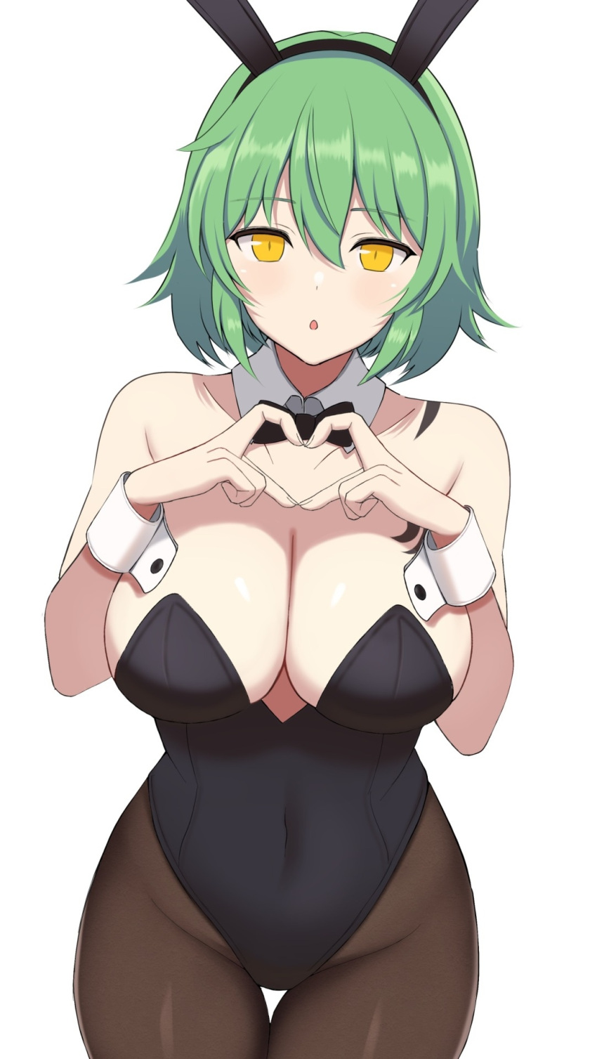 1girl animal_ears bangs bare_shoulders black_bow black_bowtie black_hairband black_leotard bow bowtie breast_tattoo breasts brown_pantyhose chestnut_mouth cleavage collarbone commentary covered_navel cowboy_shot detached_collar fake_animal_ears green_eyes groin hair_between_eyes hairband hands_up heart heart_hands highleg highleg_leotard highres hikage_(senran_kagura) large_breasts leotard light_blush pantyhose parted_lips playboy_bunny rabbit_ears senran_kagura short_hair shoulder_tattoo simple_background slit_pupils solo standing strapless strapless_leotard surippa1010 tattoo thigh_gap white_background wrist_cuffs yellow_eyes