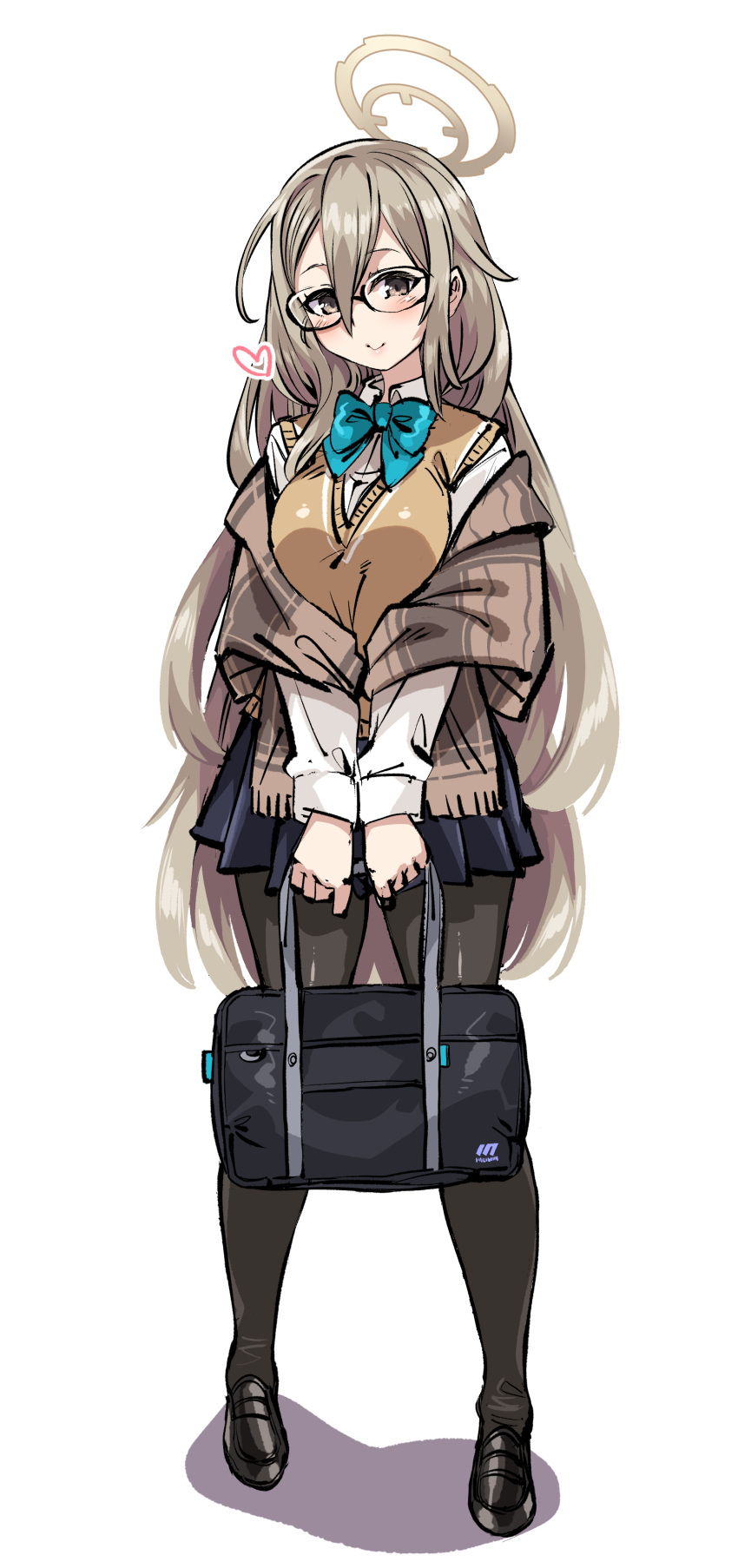 1girl absurdres akane_(blue_archive) bag black_pantyhose blue_archive blue_bow bow brown_eyes glasses hair_between_eyes halo harigane_shinshi highres holding holding_bag light_brown_hair long_hair looking_at_viewer pantyhose plaid_shawl pleated_skirt school_uniform shawl skirt solo sweater_vest white_background