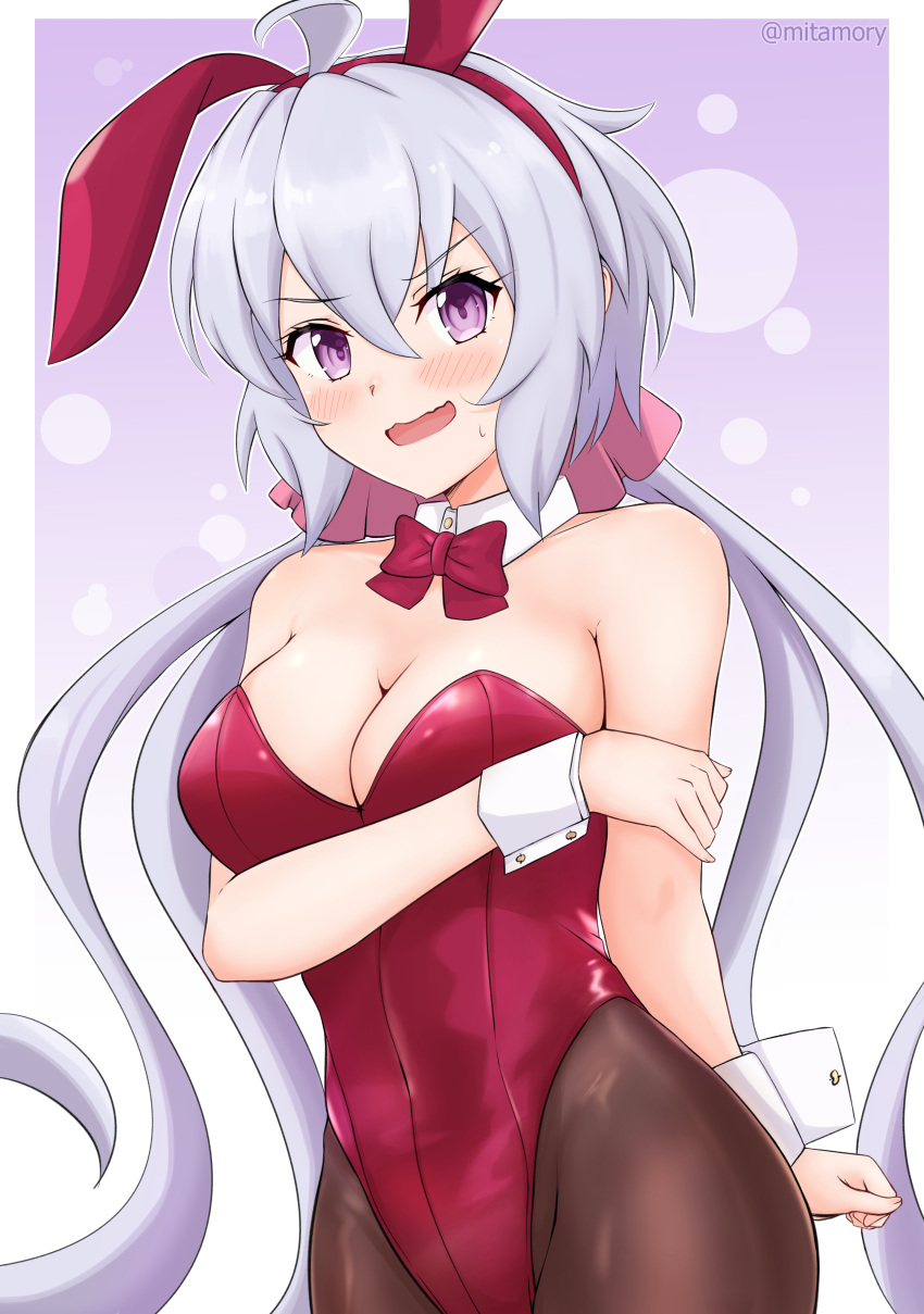 1girl absurdres bangs blush border breasts brown_pantyhose cleavage detached_collar floating_hair grey_hair hair_between_eyes highres leotard long_hair low_twintails medium_breasts mitamory open_mouth outline outside_border pantyhose playboy_bunny purple_eyes red_leotard senki_zesshou_symphogear solo standing strapless strapless_leotard sweatdrop twintails twitter_username very_long_hair white_border wrist_cuffs yukine_chris