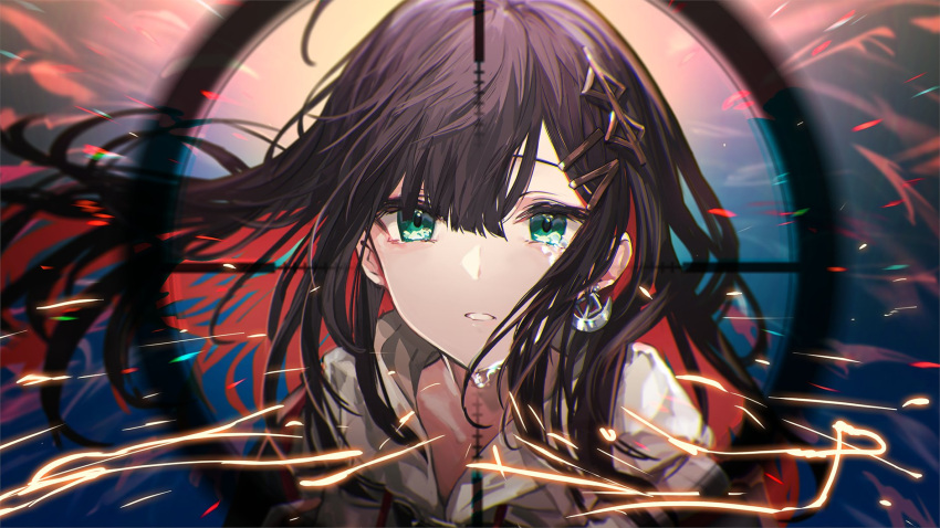 1girl asymmetrical_bangs bangs black_hair black_jacket blunt_bangs colored_inner_hair crosshair crying crying_with_eyes_open floating_hair green_eyes hair_ornament hairclip hibana_(vocaloid) highres hizuki_yui hood hood_down hoodie jacket long_hair looking_at_viewer makihitsuji multicolored_hair neo-porte parted_lips red_hair solo spark tears thick_eyelashes virtual_youtuber white_hoodie