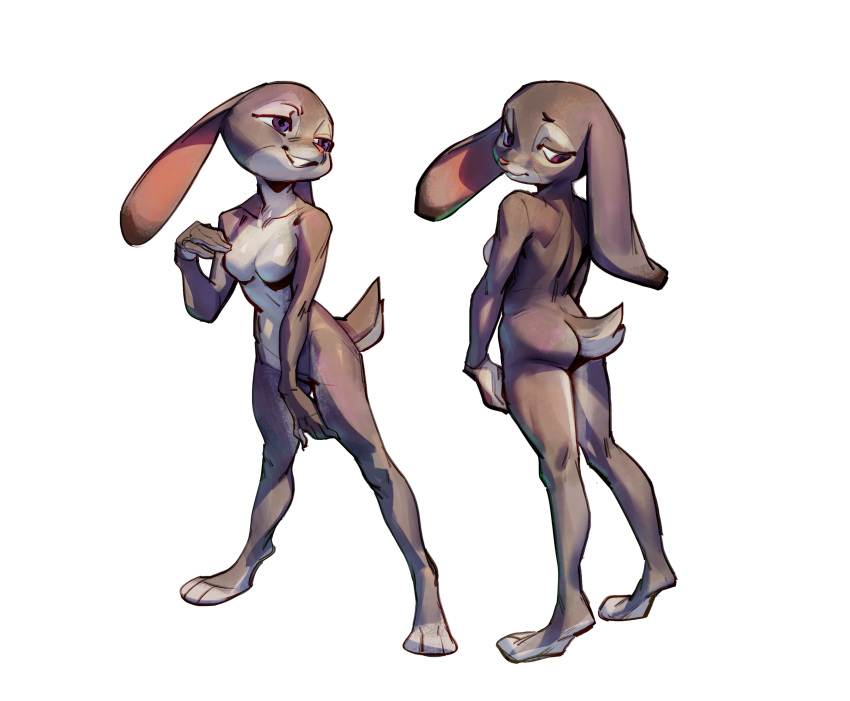 3_toes absurd_res anthro breasts butt disney featureless_breasts feet female fingers fur grey_body grey_fur hi_res judy_hopps lagomorph leporid long_ears looking_back looking_down mammal multicolored_body multicolored_fur nude purple_eyes rabbit solo toes white_body white_fur zeker zootopia