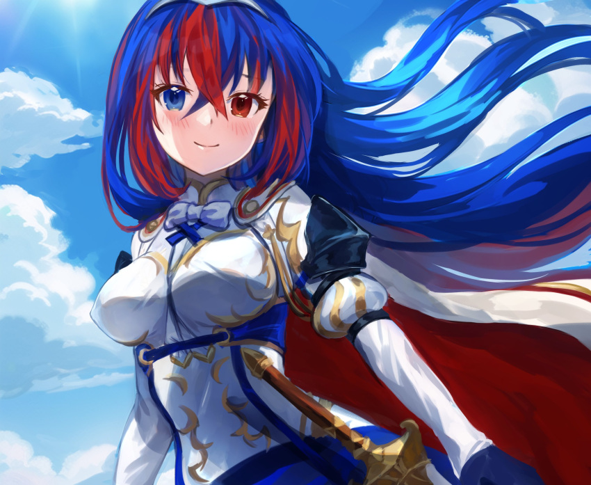 1girl alear_(female)_(fire_emblem) alear_(fire_emblem) blue_eyes blue_hair blush bow bowtie breasts cloud fire_emblem fire_emblem_engage floating_hair heterochromia highres jurge long_hair looking_at_viewer medium_breasts multicolored_hair red_eyes red_hair sky smile solo tiara very_long_hair white_bow white_bowtie