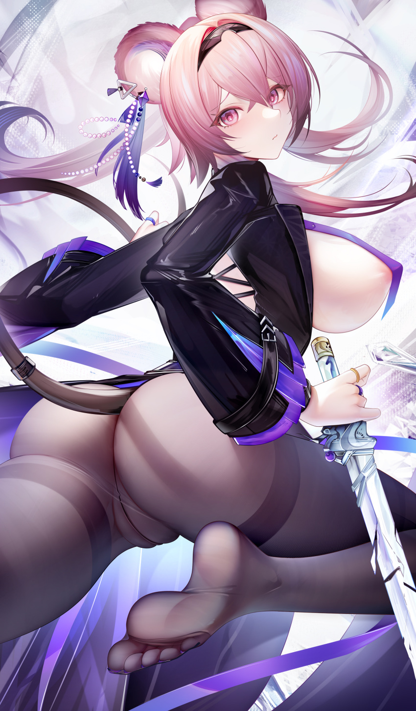 1girl absurdres animal_ears areola_slip arknights ass binggong_asylum black_jacket black_pantyhose breasts cameltoe closed_mouth covered_navel cross-laced_clothes earrings from_behind hairband highres holding holding_sword holding_weapon huge_ass jacket jewelry jumping large_breasts lin_(arknights) long_hair long_sleeves looking_at_viewer looking_back mouse_ears mouse_girl mouse_tail pantyhose pink_eyes pink_hair sideboob soles solo sword tail thighband_pantyhose weapon