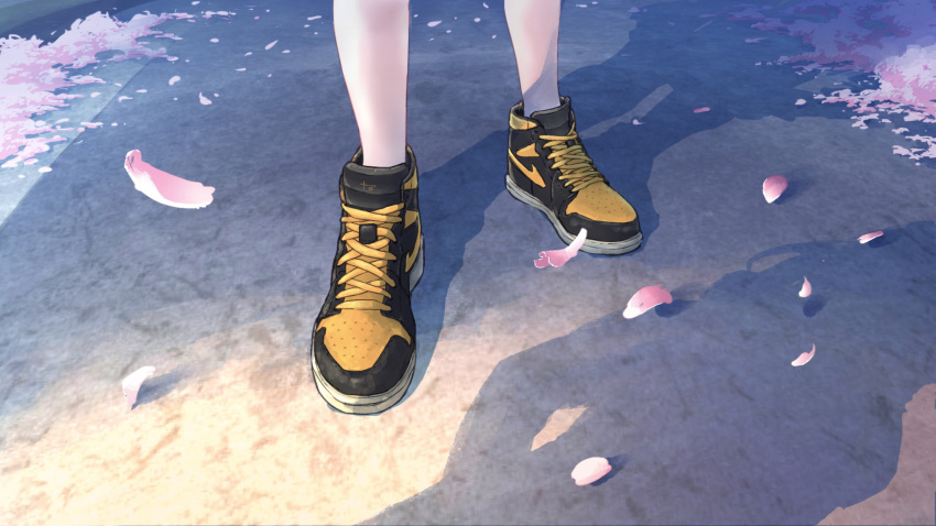 2others ambiguous_gender cherry_blossoms day highres kashimuraito multiple_others original out_of_frame outdoors pavement road shadow shoes sneakers solo_focus