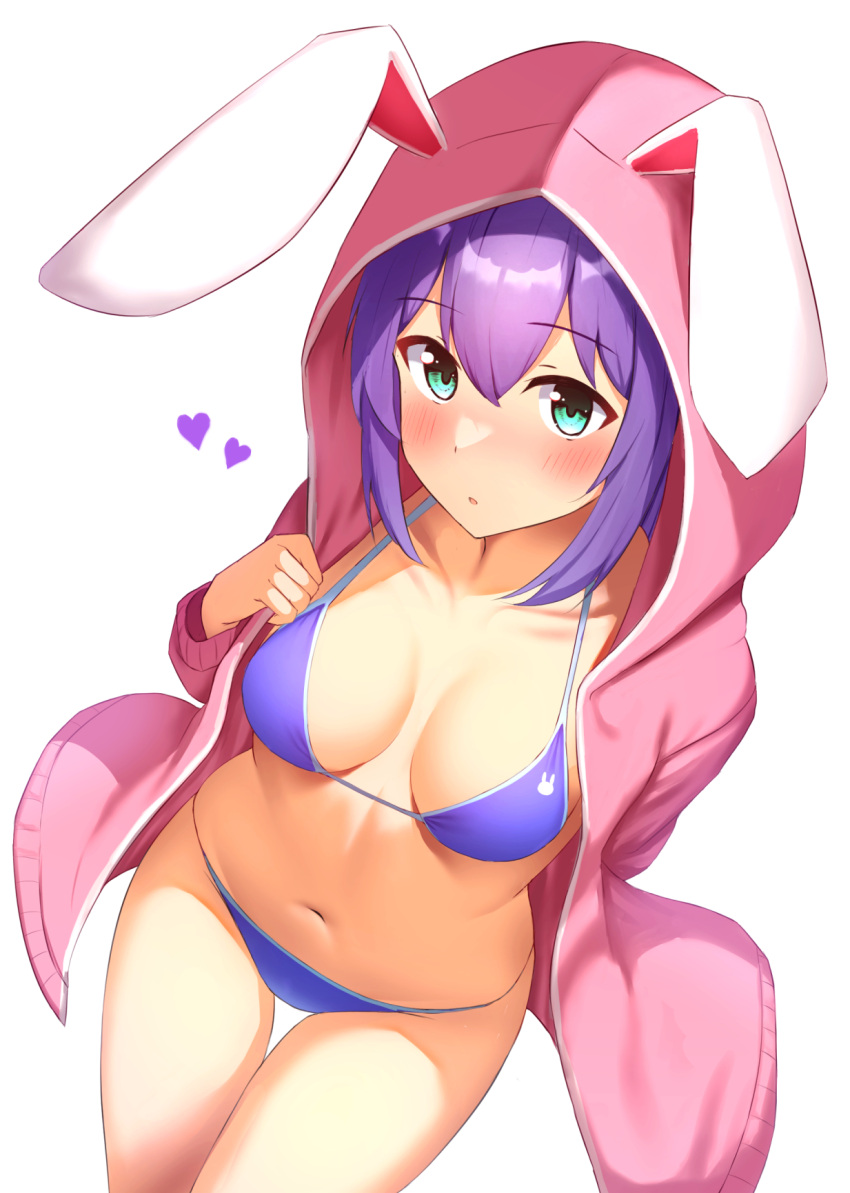 1girl animal_ears animal_hood animal_print aqua_eyes arm_behind_back bangs bikini blush breasts breasts_apart bunny_print collarbone commentary_request cowboy_shot dutch_angle fake_animal_ears hair_between_eyes halterneck hand_up heart highres hood hood_up hoodie idolmaster idolmaster_million_live! karua_(karua23) long_hair looking_at_viewer medium_breasts mochizuki_anna navel nose_blush open_clothes open_hoodie parted_lips pink_hoodie print_bikini purple_bikini purple_hair rabbit_ears rabbit_hood simple_background solo standing stomach string_bikini swimsuit thigh_gap white_background
