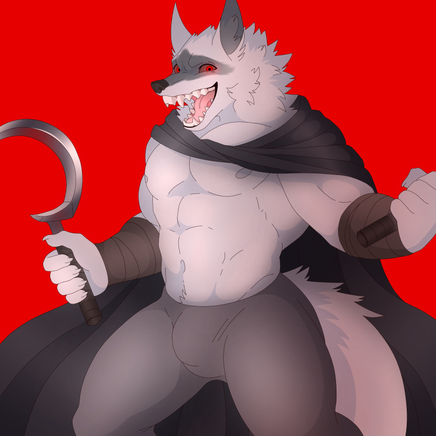 abs absurd_res ankle_wraps anthro arm_wraps barazoku black_cape black_cloak black_sclera bottomwear bulge canid canine canis cape cloak clothed clothing creepy creepy_smile death_(puss_in_boots) dreamworks fangs fur grey_body grey_fur grin hi_res holding_object holding_weapon looking_at_viewer male malphs mammal multicolored_body multicolored_fur muscular muscular_anthro muscular_male nipples pants puss_in_boots_(film) puss_in_boots_the_last_wish red_background red_eyes sharp_teeth sickle simple_background smile smiling_at_viewer solo solo_focus tail teeth tongue weapon white_body white_fur wolf wraps