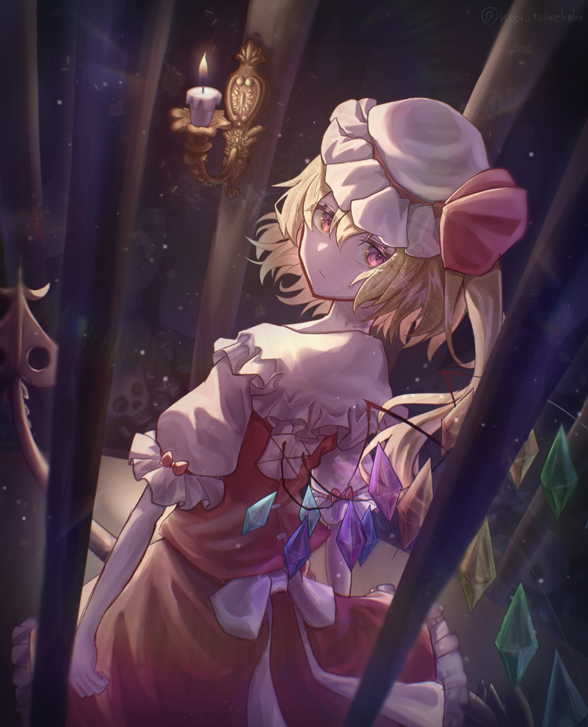 1girl absurdres bangs bars blonde_hair candle closed_mouth crystal fire flandre_scarlet hat hat_ribbon highres indoors kopi_(user_ajtn7422) laevatein_(touhou) looking_at_viewer looking_back mob_cap one_side_up red_eyes red_ribbon red_vest ribbon short_sleeves skull solo touhou vest white_headwear wings