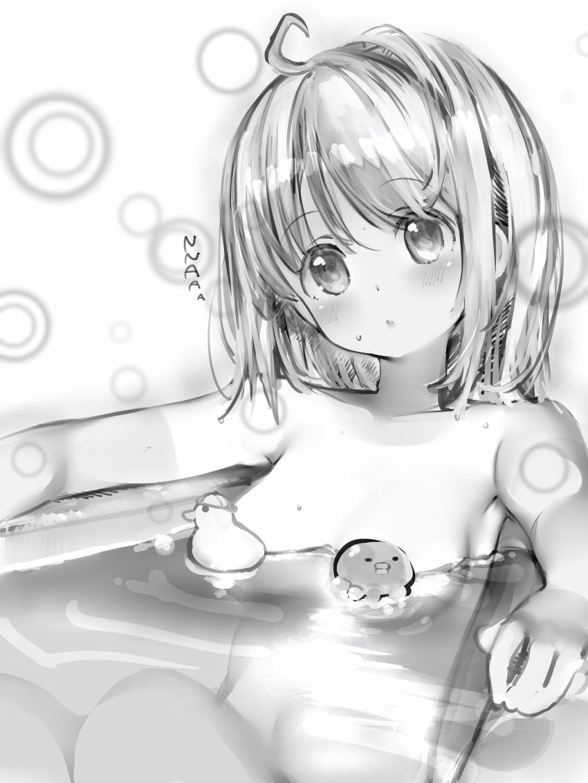 1girl ahoge bathing bathtub blush breasts catchphrase completely_nude convenient_censoring greyscale head_tilt highres himemori_luna hololive looking_at_viewer medium_breasts medium_hair monochrome nanashi_(nlo) nude parted_lips sitting solo subaru_duck upper_body virtual_youtuber