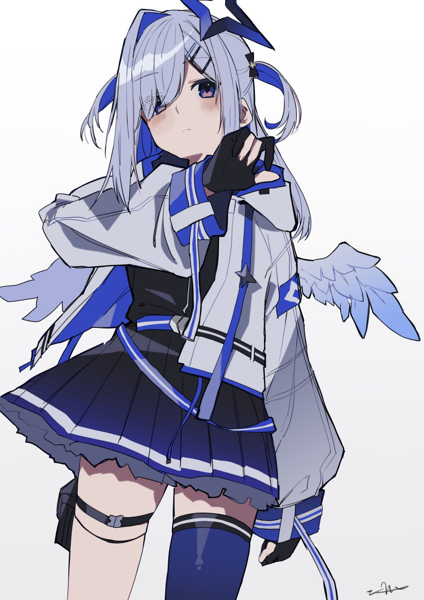1girl absurdres amane_kanata angel_wings asymmetrical_legwear belt black_dress black_gloves blue_belt blue_hair blue_thighhighs blue_wings blush colored_inner_hair commentary_request cowboy_shot dress expressionless eyes_visible_through_hair feathered_wings from_below gloves gradient_dress gradient_wings grey_hair hair_ornament hair_over_one_eye hairclip halo hand_up highres holoforce hololive jacket k_einosuke long_hair long_sleeves looking_away mini_wings mismatched_legwear multicolored_hair multicolored_wings partially_fingerless_gloves pleated_dress puffy_long_sleeves puffy_sleeves purple_eyes short_dress signature single_hair_intake single_thighhigh solo standing star_halo thigh_pouch thighhighs two_side_up uneven_legwear virtual_youtuber white_background white_jacket white_wings wings