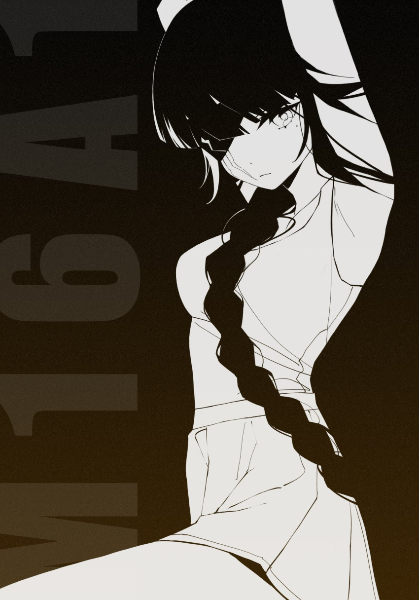 1girl armpits arms_up black_hair braid breasts character_name cowboy_shot eyepatch girls'_frontline hair_over_shoulder highres looking_at_viewer m16a1_(girls'_frontline) medium_breasts mole mole_under_eye monochrome pleated_skirt scar scar_on_face skirt solo taiyang_ami tank_top