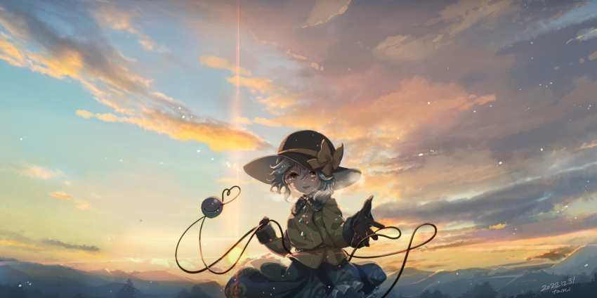 1girl :d black_gloves black_headwear bow cloud cloudy_sky commentary cowboy_shot dated floral_print frilled_skirt frills gloves green_eyes green_hair green_skirt hair_between_eyes hat hat_bow heart heart_of_string jacket komeiji_koishi long_sleeves looking_at_viewer medium_hair mountainous_horizon noumin_joemanyodw open_mouth rose_print signature skirt sky smile solo sunrise third_eye touhou tree yellow_bow yellow_jacket