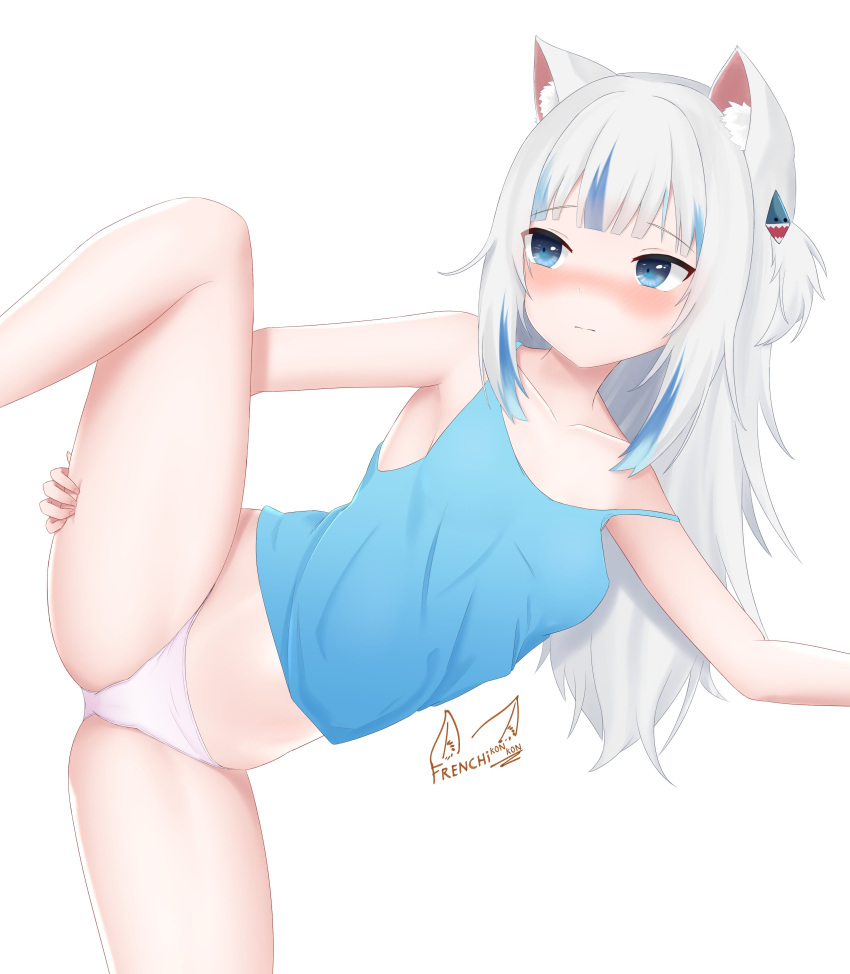 1girl absurdres animal_ear_fluff animal_ears artist_logo bangs bare_arms bare_legs bare_shoulders blue_camisole blue_eyes blue_hair blunt_bangs blush breasts camisole cat_ears collarbone english_commentary feet_out_of_frame frenchi_yuzuriha frown gawr_gura grey_hair hair_ornament hand_on_own_leg highres hololive hololive_english holomyth leg_lift leg_up long_hair multicolored_hair no_tail off_shoulder panties shark_hair_ornament sidelocks signature small_breasts spread_legs standing standing_on_one_leg stomach streaked_hair two-tone_hair two_side_up underwear virtual_youtuber white_background white_panties