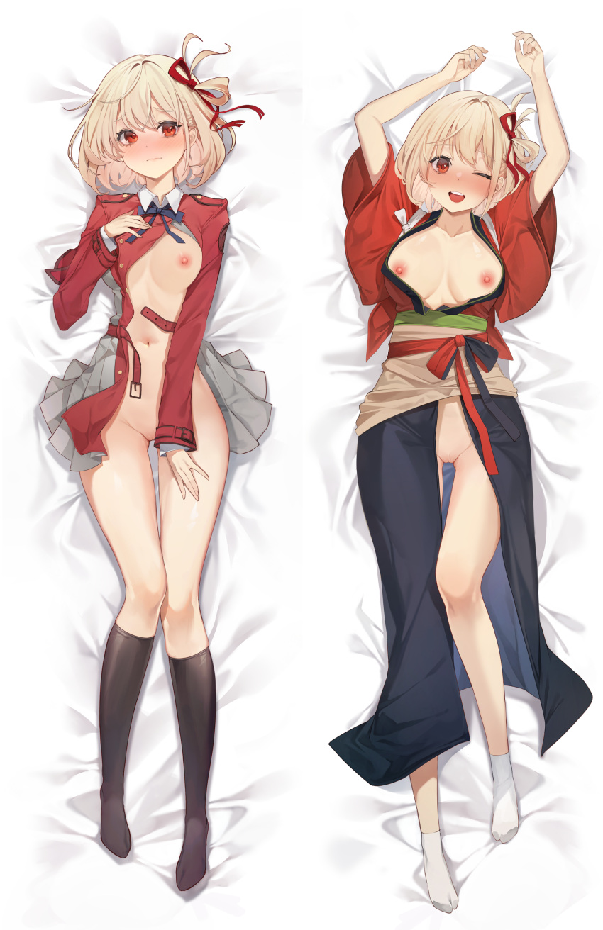 1girl ;d absurdres arms_up bed_sheet black_socks blonde_hair blue_ribbon blush breasts chukibabo2 closed_mouth collarbone dakimakura_(medium) dress from_above grey_dress hair_ribbon highres japanese_clothes kimono long_hair long_sleeves looking_at_viewer lycoris_recoil lycoris_uniform lying medium_breasts neck_ribbon nipples nishikigi_chisato on_back one_eye_closed open_clothes open_dress open_kimono pleated_dress pussy red_eyes red_kimono red_ribbon ribbon short_dress side_slit smile socks solo thigh_gap two-tone_dress white_socks wide_sleeves wing_collar