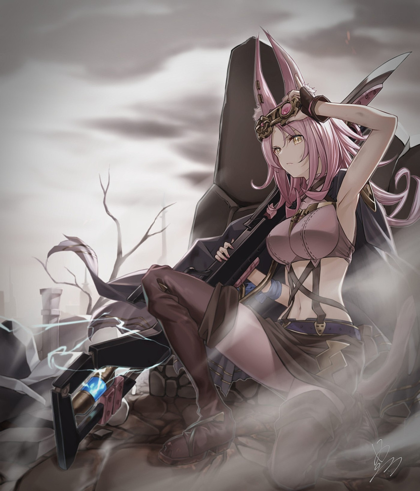 1girl animal_ear_fluff animal_ears arm_up armpits bangs bare_shoulders bare_tree black_cape black_gloves boots breasts brown_footwear brown_skirt cape closed_mouth cloud cloudy_sky commentary duel_monster electricity ferret_ears ferret_girl fingerless_gloves full_body gloves goggles gun hair_between_eyes highres holding holding_gun holding_weapon kneeling large_breasts long_hair midriff navel nw_0925 outdoors over_shoulder pencil_skirt pink_hair shadow sidelocks signature skirt sky solo thigh_boots tree tri-brigade_ferrijit_the_barren_blossom weapon weapon_over_shoulder yellow_eyes yu-gi-oh!