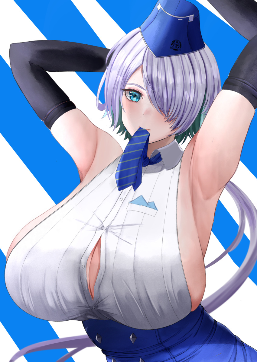 1girl aqua_eyes aqua_hair armpits arms_up bangs bare_shoulders blue_background blue_headwear blue_necktie blue_skirt breasts brid_(nikke) bridal_gauntlets button_gap collared_shirt colored_inner_hair commentary cowboy_shot goddess_of_victory:_nikke grey_hair hair_between_eyes hair_over_one_eye hat high-waist_skirt highres huge_breasts long_hair looking_at_viewer low_ponytail mouth_hold multicolored_hair necktie no_mole shirt sideboob sidelocks skirt solo standing striped striped_background striped_necktie two-tone_hair white_background yuu_makoto