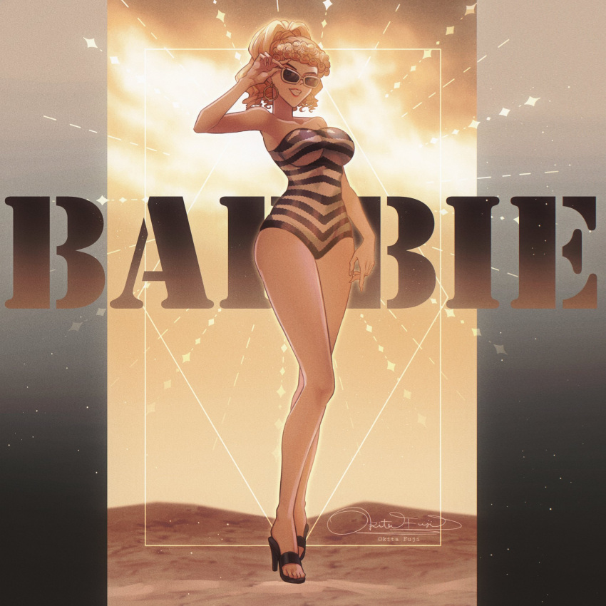 bangs barbie_(character) barbie_(franchise) barbie_(live_action) bare_legs black_background black_footwear blonde_hair breasts character_name curly_hair english_text glowing gold_background grin hand_on_eyewear high_heels highres large_breasts margot_robbie okitafuji one-piece_swimsuit ponytail smile sparkle striped striped_one-piece_swimsuit sunglasses swimsuit tall vintage_clothes