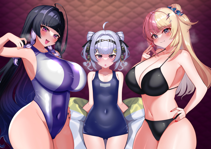 3girls :d absurdres armpits bangs bikini black_bikini black_hair black_nails black_pantyhose blonde_hair blunt_bangs blush bow bowtie braid breasts choker cleavage covered_navel detached_collar hair_ornament hairband hairclip hand_on_hip highres jacket karin_(a62826704) kotoka_torahime large_breasts long_hair looking_at_viewer meloco_kyoran multicolored_hair multiple_girls navel nijisanji nijisanji_en off_shoulder one-piece_swimsuit open_mouth pantyhose pink_hair playboy_bunny ponytail purple_eyes purple_pantyhose red_nails school_swimsuit small_breasts smile swimsuit two-tone_hair variant_set very_long_hair virtual_youtuber white_hair zaion_lanza