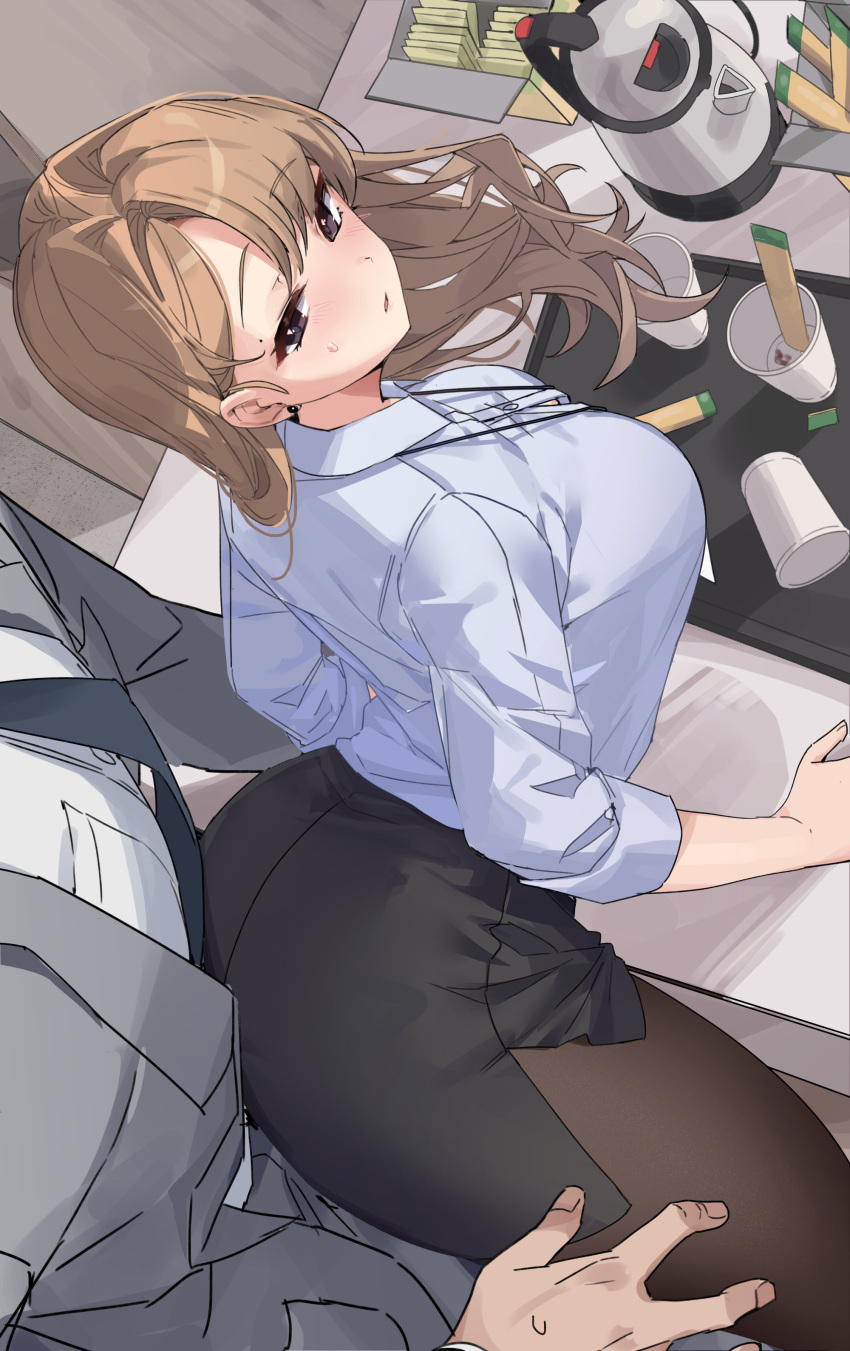1boy 1girl absurdres arched_back ass bangs bent_over black_eyes black_skirt blush breasts brown_hair brown_pantyhose business_suit button_gap collared_shirt cup duplicate ear_piercing earrings formal from_above from_side grey_suit hair_behind_ear highres jewelry large_breasts light_brown_hair long_hair long_sleeves looking_at_viewer mendou_kusai miniskirt mole mole_above_eye necktie office_lady original pantyhose parted_lips pencil_skirt piercing pixel-perfect_duplicate shirt side_slit skirt solo_focus suit sweat sweatdrop thighs white_shirt