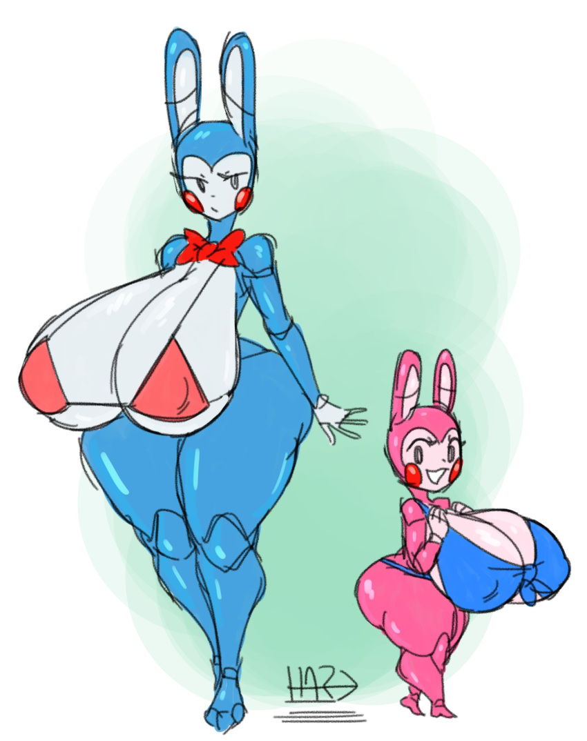 animatronic anthro big_breasts big_butt bikini blue_body blush blush_stickers bow_tie breasts butt clothing duo female five_nights_at_freddy's five_nights_at_freddy's_2 hi_res huge_breasts huge_hips huge_thighs lagomorph leporid little_hareboy looking_at_viewer machine mammal nipple_outline open_mouth pink_body rabbit robot scottgames short_stack swimwear thick_thighs toy_bonnie_(fnaf) wide_hips