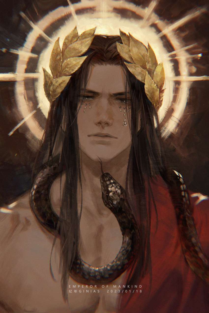 1boy absurdres black_hair crying crying_with_eyes_open emperor_of_mankind ginias halo highres laurel_crown long_hair snake tears warhammer_40k