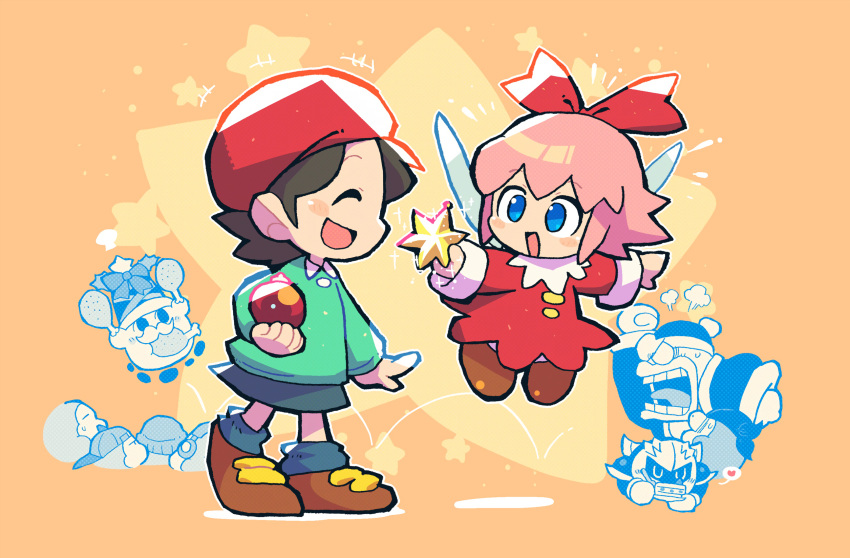 2girls adeleine bandana_waddle_dee black_hair blue_eyes chicken_leg christmas_ornaments closed_eyes dress drumsticks fairy fairy_wings fake_facial_hair fake_mustache green_shirt heart highres king_dedede kirby kirby_(series) kirby_64 looking_at_another meta_knight multiple_girls pink_hair rariatto_(ganguri) red_dress red_headwear red_ribbon ribbon ribbon_(kirby) shirt shouting smile star_(symbol) waddle_dee wings