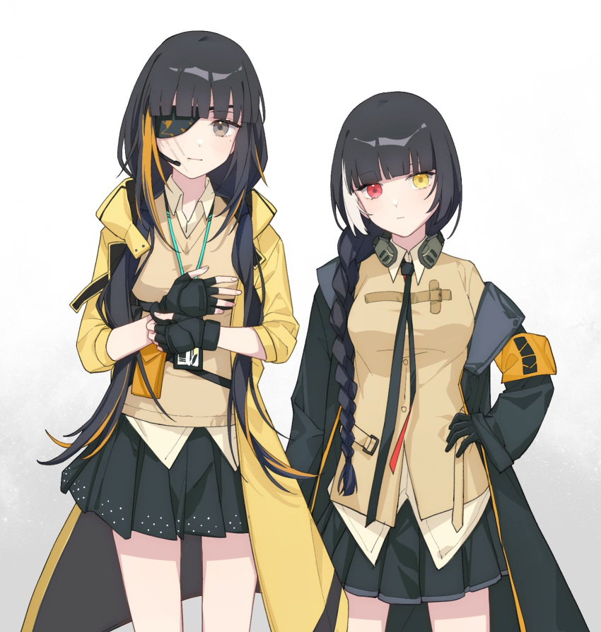 2girls armband black_gloves black_hair black_jacket black_necktie black_skirt blonde_hair braid collared_shirt cosplay costume_switch cowboy_shot eyepatch fingerless_gloves girls'_frontline gloves grey_eyes hair_over_shoulder hand_on_hip height_difference heterochromia highres id_card jacket lanyard long_hair looking_at_viewer m16a1_(girls'_frontline) m16a1_(girls'_frontline)_(cosplay) mole mole_under_eye multicolored_hair multiple_girls necktie pleated_skirt red_eyes ro635_(girls'_frontline) ro635_(girls'_frontline)_(cosplay) scar scar_on_face shirt simple_background single_braid skirt sweater_vest taiyang_ami twintails white_background white_hair yellow_eyes yellow_jacket yellow_shirt