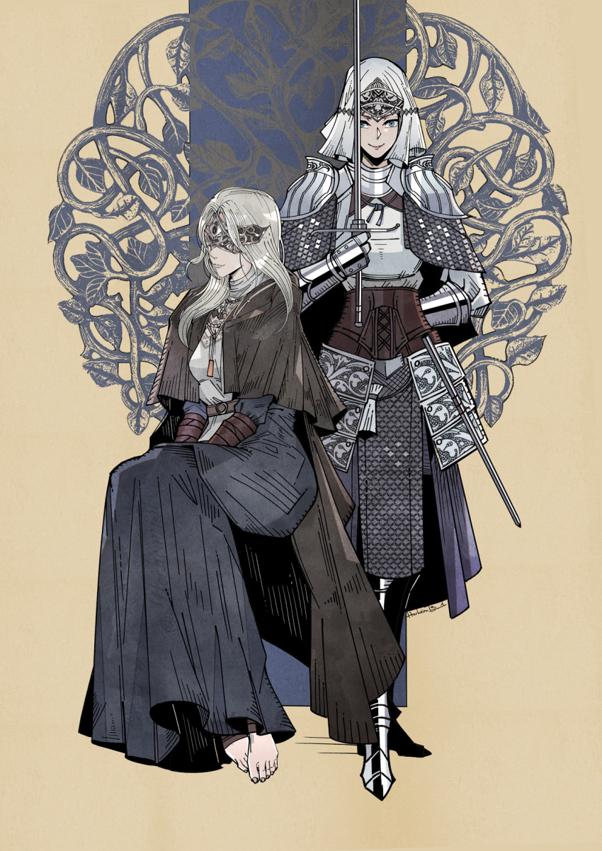 2girls armor barefoot blindfold blue_eyes cloak covered_eyes dark_souls_(series) dark_souls_iii denny626 eye_mask fire_keeper highres holding holding_sword holding_weapon knight mask multiple_girls sirris_of_the_sunless_realms sitting standing sword weapon yellow_background