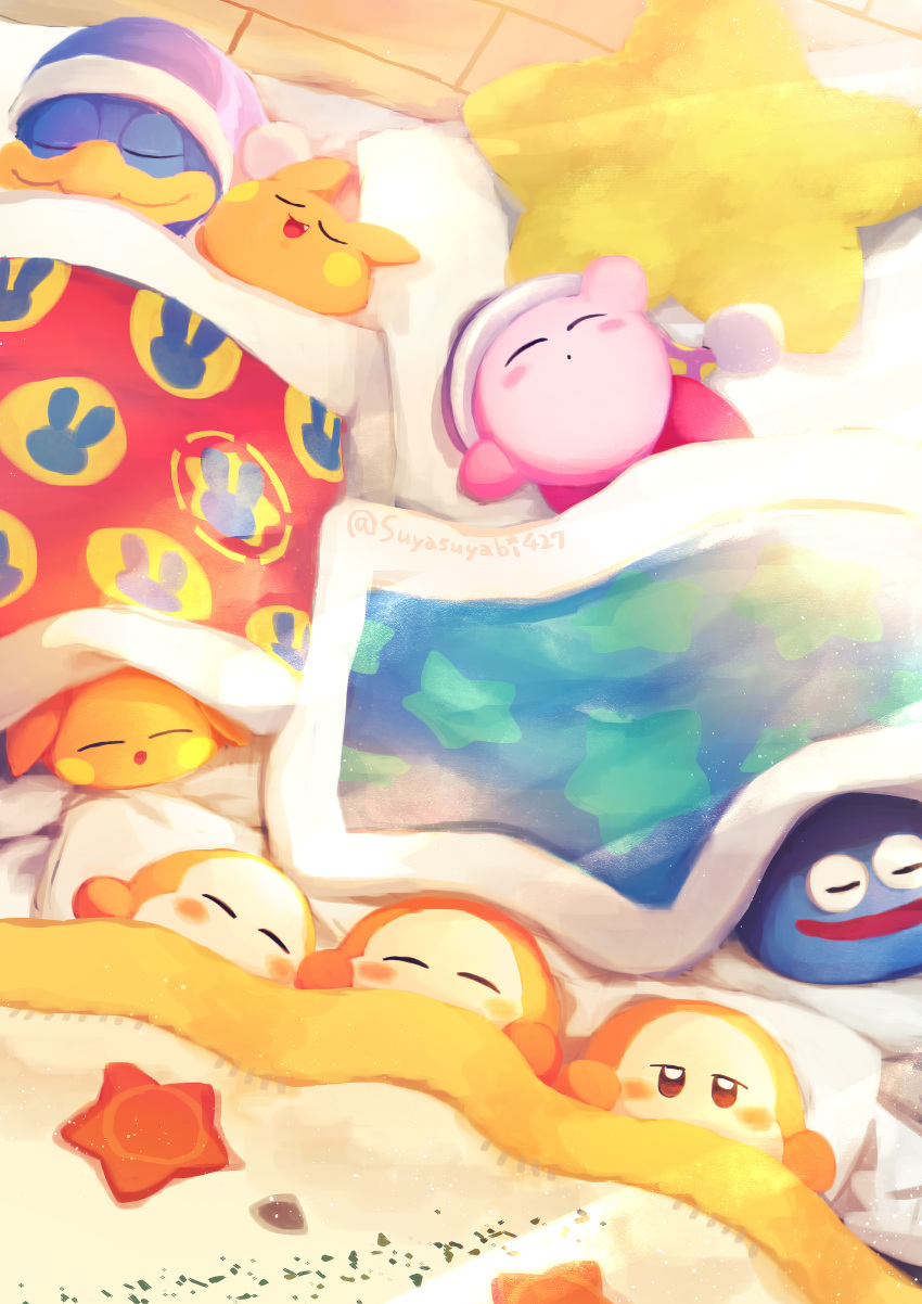 absurdres blanket blush_stickers brown_eyes closed_eyes gooey_(kirby) hat highres king_dedede kirby kirby_(series) nightcap pillow scarfy sleeping sleepover smile star_(symbol) suyasuyabi waddle_dee wooden_floor