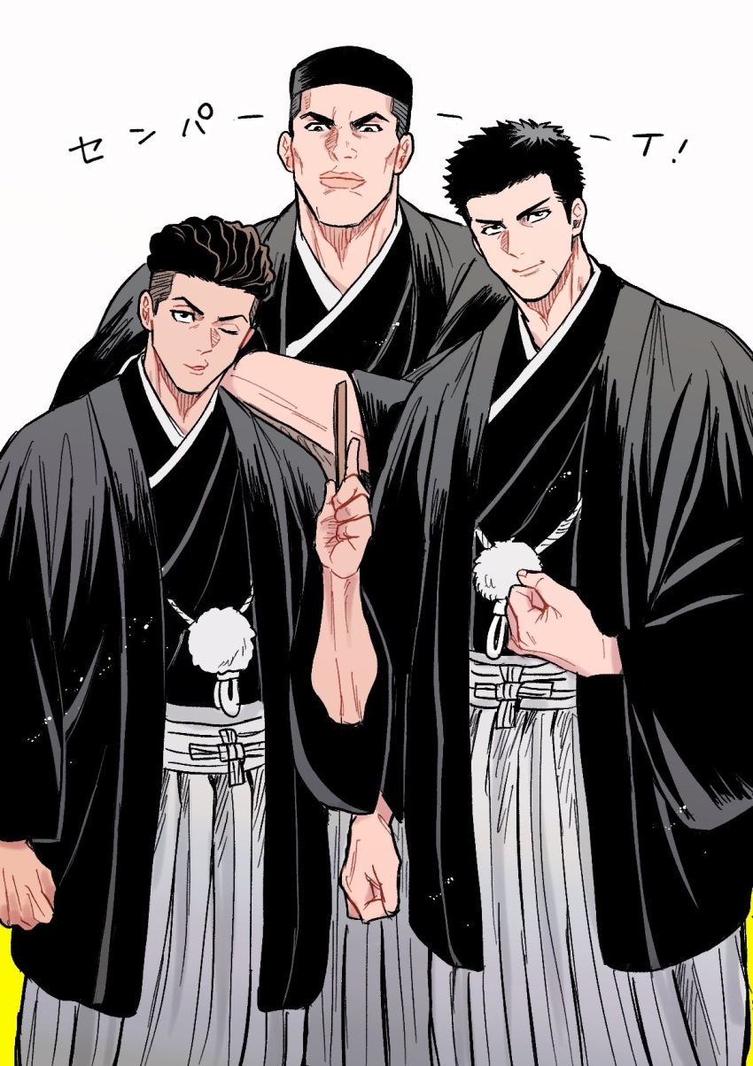 3boys akagi_takenori black_kimono clenched_hand closed_mouth gorii grey_hakama hakama hand_fan hand_up haori happy_new_year highres holding holding_fan japanese_clothes kimono looking_at_viewer male_focus mitsui_hisashi miyagi_ryouta multiple_boys one_eye_closed parted_lips pompadour scar scar_on_face short_hair slam_dunk_(series) smile