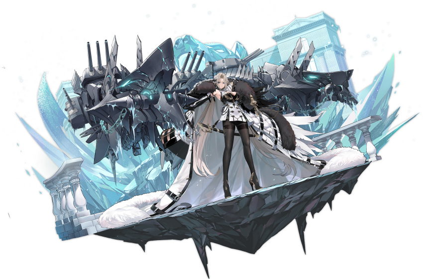 +_+ 1girl absurdres armpits azur_lane bangs bare_shoulders black_bra black_footwear black_gloves blonde_hair blue_eyes boots bra bra_peek breasts cannon chain character_name cleavage clenched_hand coat coat_dress coat_on_shoulders copyright_name dishwasher1910 dress elbow_gloves expressions flower from_below full_body fur-trimmed_coat fur_collar fur_trim gloves gold_trim hair_flower hair_ornament high_heel_boots high_heels highres ice kronshtadt_(azur_lane) large_breasts long_hair looking_at_viewer machinery mole mole_on_breast non-web_source northern_parliament_(emblem) official_art pantyhose rigging saber_(weapon) sheath sheathed short_dress solo standing stiletto_heels sword thigh_boots thighband_pantyhose thighhighs transparent_background turret underwear very_long_hair weapon white_coat white_dress white_flower