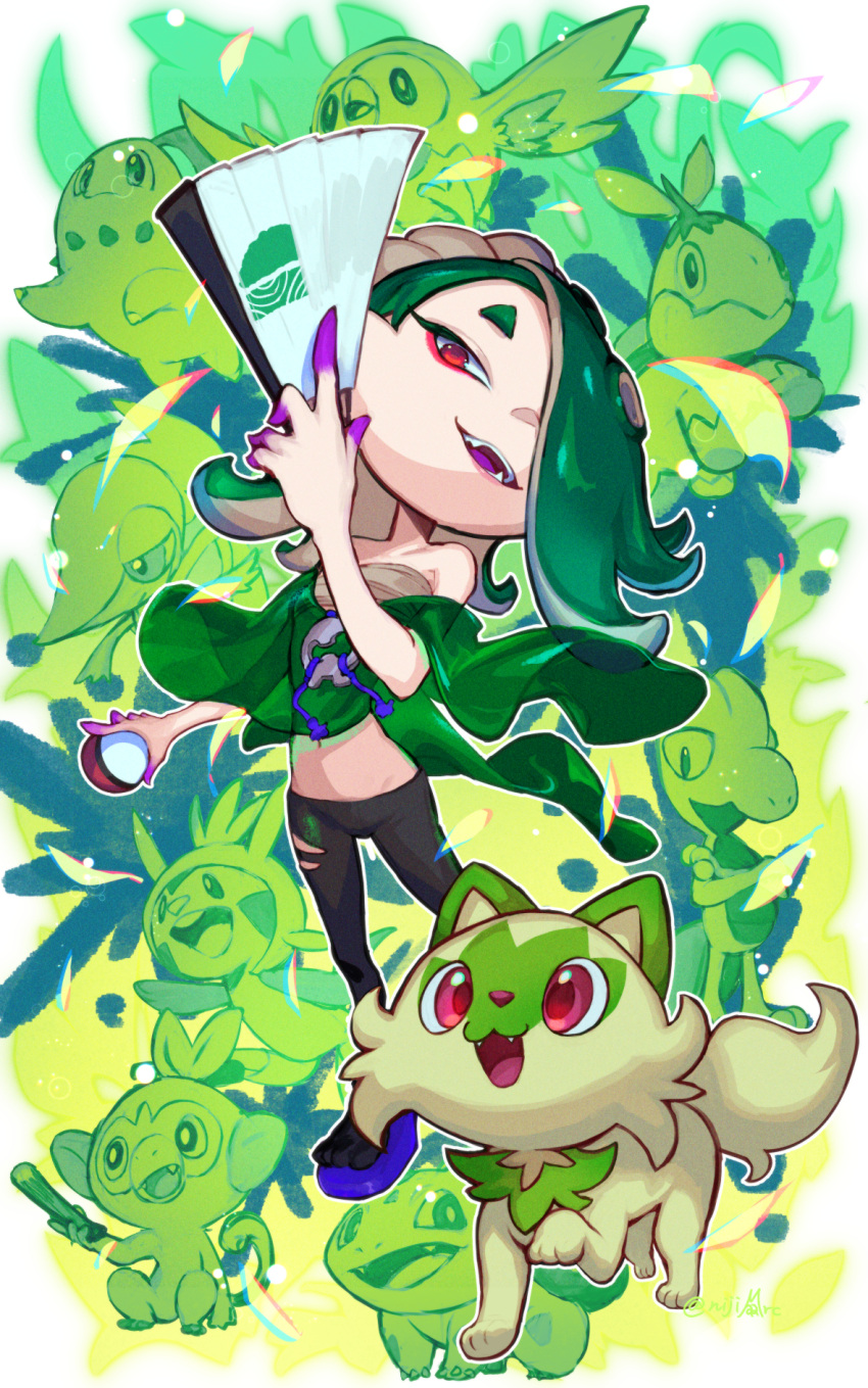 1girl :3 :d alternate_color asymmetrical_bangs asymmetrical_hair bangs bare_shoulders black_pants bulbasaur cat chespin chest_sarashi chikorita collarbone colored_skin commentary_request crossover fangs folding_fan full_body green_hair green_shawl green_theme grookey hachimaki hair_over_one_eye hand_fan hand_up headband highres holding holding_fan holding_poke_ball looking_at_viewer medium_hair midriff multicolored_skin nejiri_hachimaki nijimaarc one_eye_covered open_mouth pants parted_bangs poke_ball poke_ball_(basic) pokemon pokemon_(creature) red_eyes rowlet sarashi shawl shiver_(splatoon) short_eyebrows smile snivy splatoon_(series) splatoon_3 sprigatito teeth tentacle_hair torn_clothes torn_pants treecko tsurime turtwig