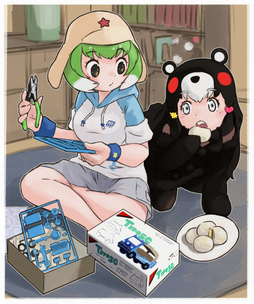 +_+ 2girls alternate_costume animal_ears bear_ears bear_girl black_dress black_hair black_thighhighs blue_hoodie casual chibi_kumamon_(kemono_friends) clippers crossed_legs dress eating green_eyes green_hair grey_eyes grey_hoodie grey_shorts hair_between_eyes hair_ornament hat heart heart_hair_ornament highres hood hoodie kemono_friends kemono_friends_3 keroro_(kemono_friends) keroro_gunsou long_hair multicolored_hair multiple_girls red_hair shorts sitting sleeves_rolled_up star_(symbol) star_hair_ornament thighhighs toriny two-tone_hair two-tone_hoodie white_hair wristband