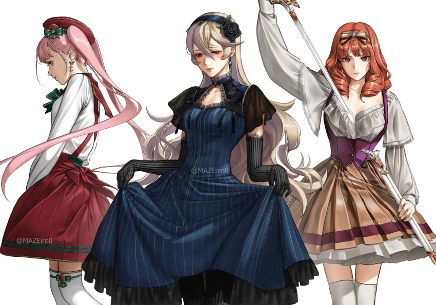 3girls black_flower black_rose blonde_hair blue_dress blue_hairband blush bow breasts brown_eyes brown_hair brown_skirt celica_(fire_emblem) corrin_(female)_(fire_emblem) corrin_(fire_emblem) cowboy_shot curly_hair curtsey drawing_sword dress earrings elbow_gloves fire_emblem fire_emblem:_three_houses fire_emblem_echoes:_shadows_of_valentia fire_emblem_fates flower gloves hair_between_eyes hair_bow hair_flower hair_ornament hairband hat hilda_valentine_goneril holding holding_sheath holding_sword holding_weapon jewelry long_hair long_sleeves maze_draws medium_breasts multiple_girls parted_lips pink_hair pinstripe_pattern pleated_skirt puffy_long_sleeves puffy_sleeves red_headwear red_skirt ringlets rose sheath shirt short_sleeves skirt smile striped suspender_skirt suspenders sword thighhighs twintails twitter_username underbust weapon white_background white_shirt white_thighhighs