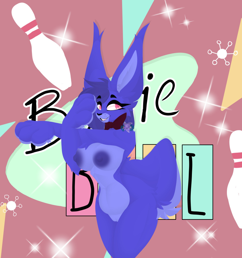 absurd_res anthro belly bonnie_(fnaf) bow_tie bowling breasts crossgender female five_nights_at_freddy's five_nights_at_freddy's:_security_breach fur genitals glamrock_bonnie_(fnaf) hair hi_res lagomorph leporid looking_at_viewer mammal nipples open_mouth paws purple_body purple_fur pussy rabbit scottgames short_hair smile solo stretching tail tail_tuft teeth tsukipaw tuft wide_hips
