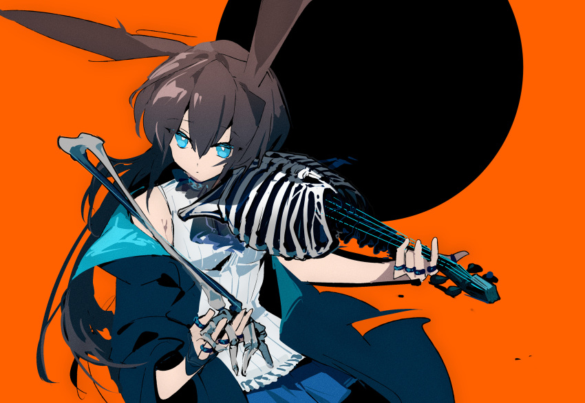 1girl amiya_(arknights) animal_ears arknights bangs black_jacket black_sun blue_eyes bone chinese_commentary commentary_request expressionless highres instrument jacket jewelry ling_s long_hair long_sleeves low_ponytail multiple_rings orange_background rabbit_ears rabbit_girl ribs ring skeletal_arm sleeveless sleeveless_sweater solo sun sweater upper_body very_long_hair violin white_sweater