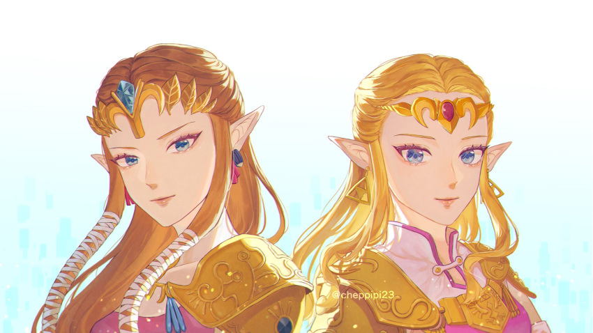 2girls armor bangs blonde_hair blue_eyes brown_hair crown dress earrings gold_armor gradient_background hair_ribbon highres jewelry long_hair looking_at_viewer multiple_girls parted_bangs pink_dress pointy_ears princess_zelda ribbon shoulder_armor sidelocks smile the_legend_of_zelda the_legend_of_zelda:_ocarina_of_time the_legend_of_zelda:_twilight_princess triforce_earrings twitter_username upper_body white_ribbon yayoi_(chepiiii23)