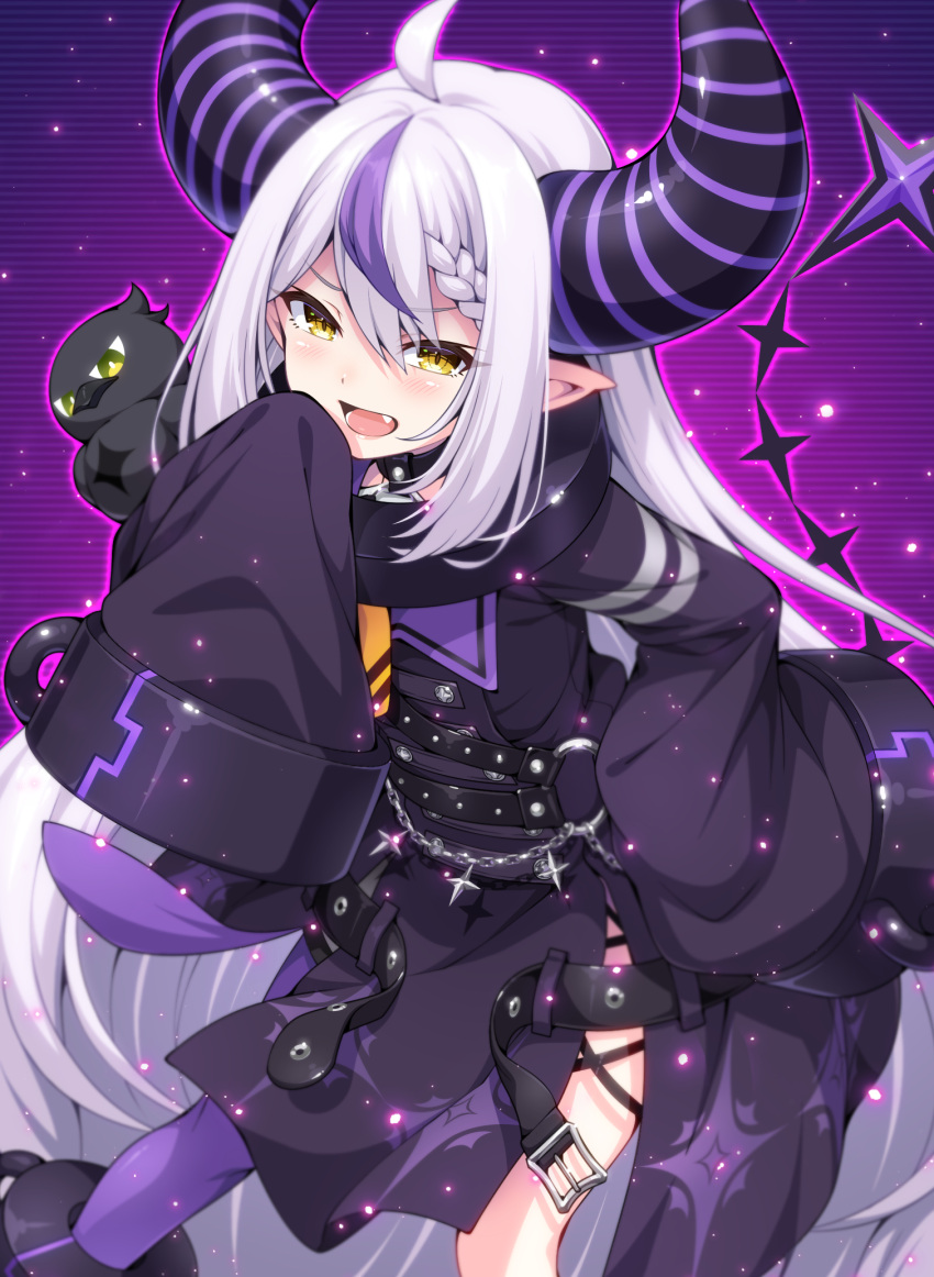 1girl ahoge ankle_cuffs ascot bangs belt black_belt blush braid cage_unlimited chain coat collar crow_(la+_darknesss) demon_girl demon_horns fang feet_out_of_frame grey_hair hand_on_hip hand_to_own_mouth highres hololive horns la+_darknesss long_hair long_sleeves looking_at_viewer metal_collar multicolored_hair open_mouth pantyhose pointy_ears purple_coat purple_hair purple_pantyhose sidelocks single_leg_pantyhose sleeves_past_fingers sleeves_past_wrists solo streaked_hair striped_horns very_long_hair virtual_youtuber wide_sleeves yellow_ascot yellow_eyes