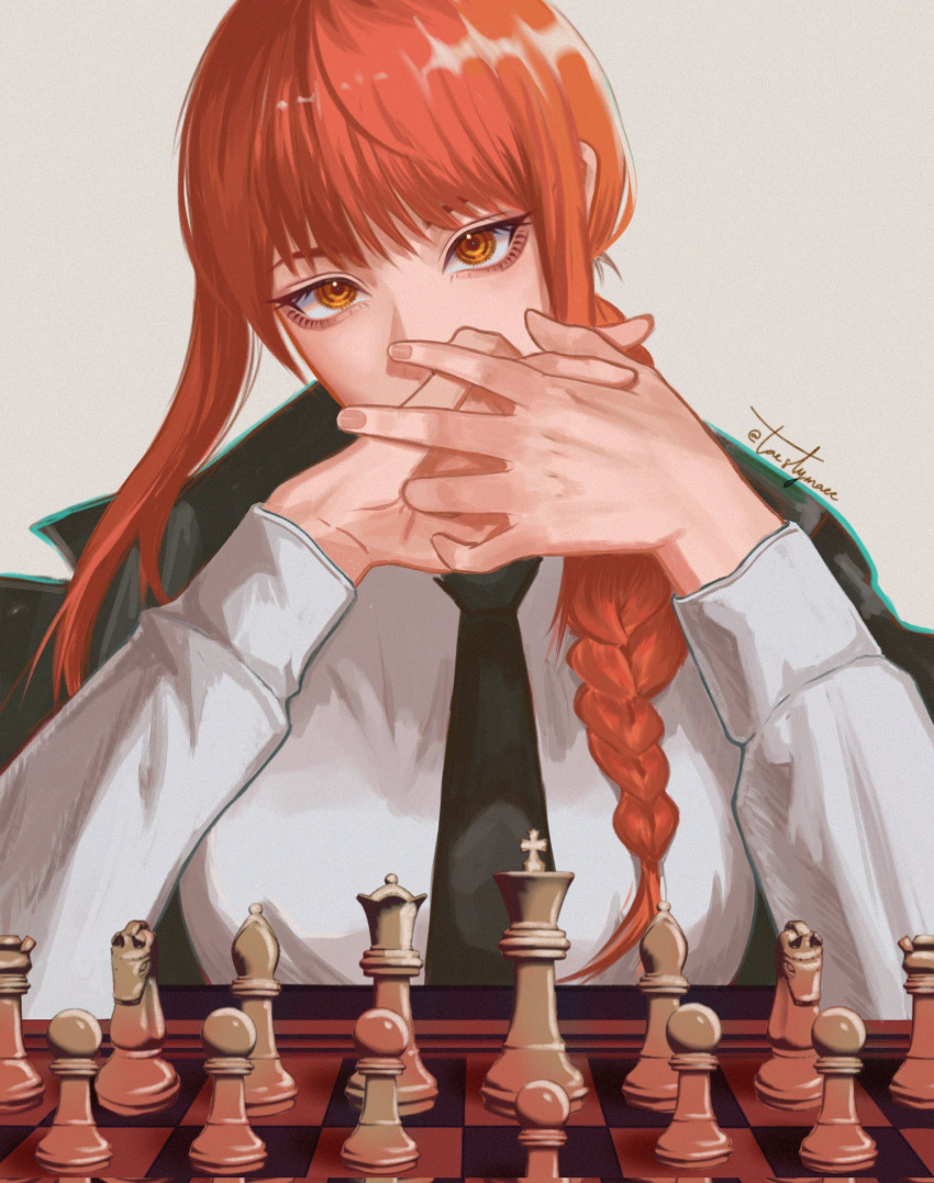 1girl artist_name bangs black_coat black_necktie board_game braid braided_ponytail chainsaw_man chess chess_piece chessboard coat coat_on_shoulders collared_shirt grey_background hair_over_shoulder highres long_hair looking_at_viewer makima_(chainsaw_man) necktie red_hair ringed_eyes shirt sidelocks simple_background solo taestymaee twitter_username white_shirt yellow_eyes
